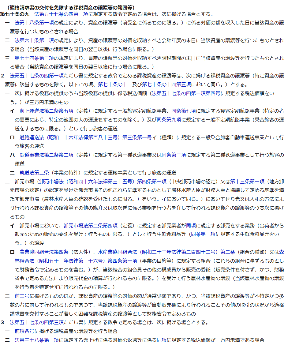 e-Gov法令検索の消費税法施行令第70条の9（適格請求書の交付を免除する課税資産の譲渡等の範囲等）の条文の公式キャプチャ。第2項第1号に税込価額が3万円未満のものとして、イに海上運送法の一般旅客定期航路事業など、ロに道路運送法の一般乗合旅客自動車運送事業、ハに鉄道事業法の第一種鉄道事業と第二種鉄道事業、ニに軌道法の運輸事業が並んでいる