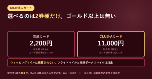 JAL法人カードの2券種の年会費と、ショッピングマイルが対象外であることを並べたアイキャッチ
