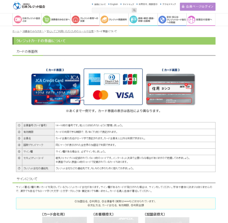 日本クレジット協会のページの画面。カードの表面と裏面の図に番号が振られ、会員番号・有効期限・会員名・国際ブランドマーク・サイン欄・セキュリティーコード・クレジット会社の連絡先の説明が表になっている