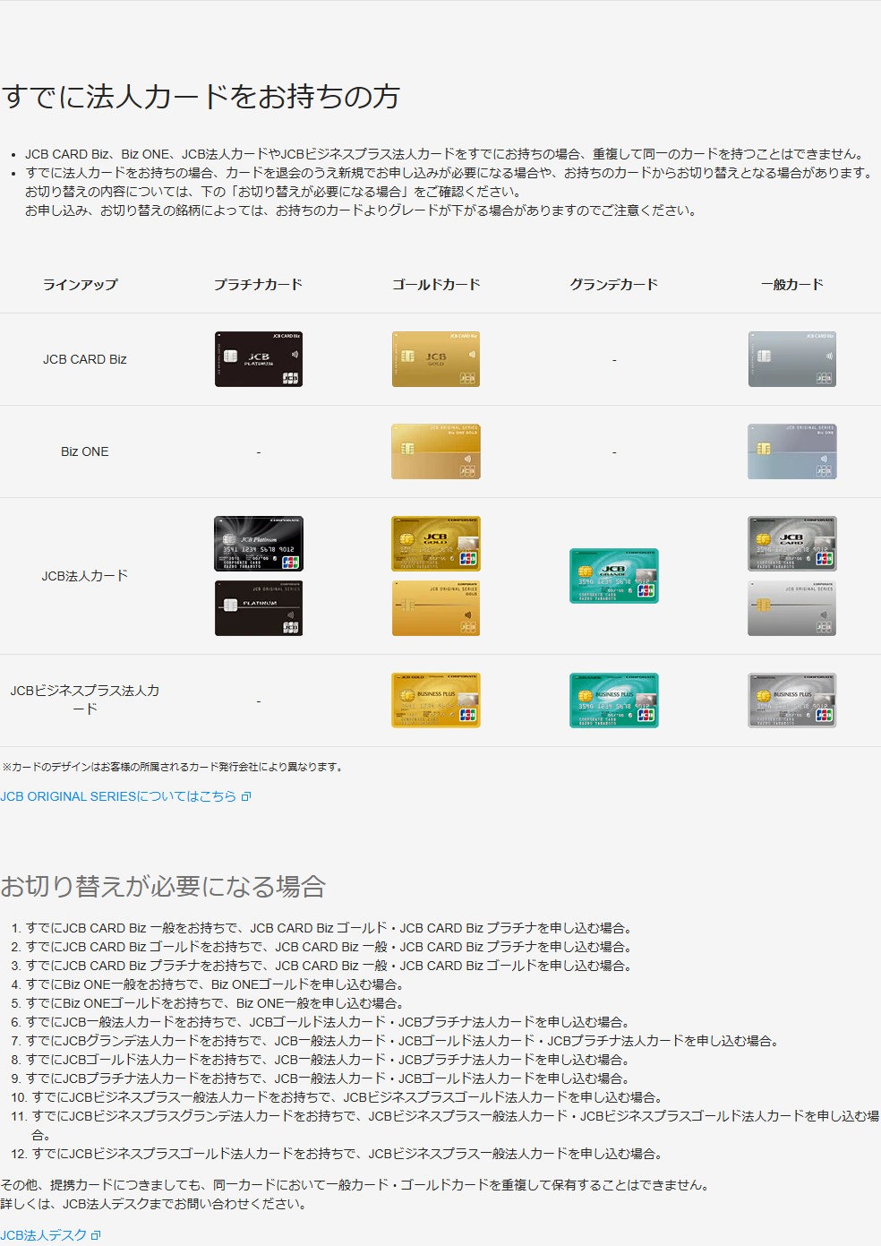 JCBの「法人カードお申し込みにあたってのご注意」ページのキャプチャ。ラインアップ表にJCB CARD Biz、Biz ONE、JCB法人カード、JCBビジネスプラス法人カードの4つが縦に並び、JCBビジネスプラス法人カードの行はプラチナカードが「-」で、ゴールドカード・グランデカード・一般カードにカード券面の画像が入っている。下の「お切り替えが必要になる場合」には、すでにJCBビジネスプラス一般法人カードを持っている人がJCBビジネスプラスゴールド法人カードを申し込む場合、という項目が並んでいる