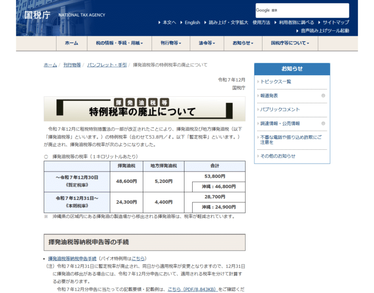 国税庁の揮発油税等の特例税率の廃止についてのページ画面。廃止前後の税率表が表示されている