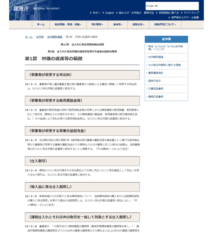 国税庁の消費税法基本通達 第12章第1節第1款のページの画面キャプチャ