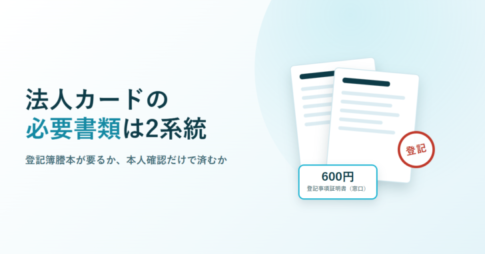法人カードの必要書類は2系統と書いたアイキャッチ。書類のイラストと登記の印影、登記事項証明書600円のバッジを配置している