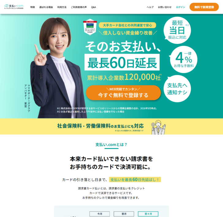 支払い.comのトップページの公式キャプチャ画面。そのお支払い、最長60日延長という大きな見出しの右に、最短当日振込に対応、一律4%お得な手数料、支払先へ通知ナシの3つの丸いバッジが並び、下の帯に社会保険料・労働保険料のお支払いにも対応 法人のお客様のみご利用可能ですと表示されている