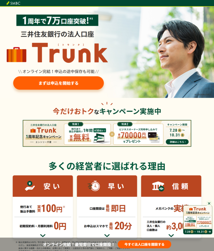 三井住友銀行の公式ページ。法人口座Trunkの紹介で、オンライン完結、他行あて振込手数料が実質100円、口座開設は最短即日、お申込はスマホで最短20分と表示されている