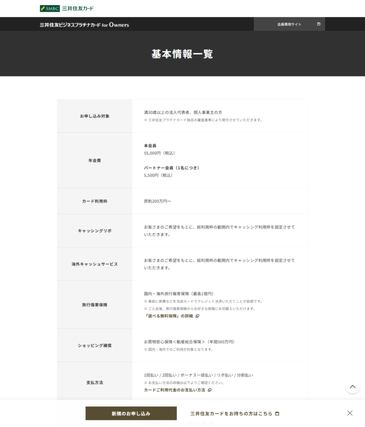 三井住友カードの公式画面。三井住友ビジネスプラチナカード for Ownersの基本情報一覧で、お申し込み対象は満30歳以上の法人代表者・個人事業主、年会費は本会員55,000円（税込）・パートナー会員5,500円（税込）、カード利用枠は原則200万円から、旅行傷害保険は国内・海外最高1億円で事前に旅費などを当該カードで決済することが前提と表示されている